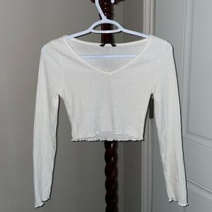 SHEIN White Ribbed Cropped Long Sleeve V-Neck Top